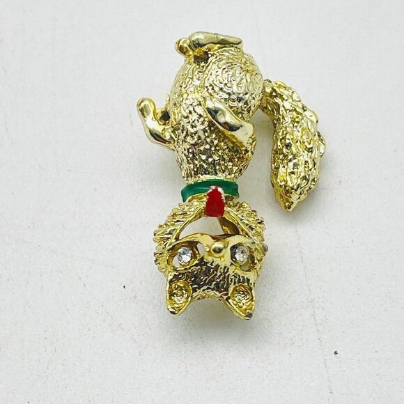 GERRYS Laughing Fox Pin Gold Tone Red Tongue Green Collar Rhinestone Eyes - Picture 3 of 6